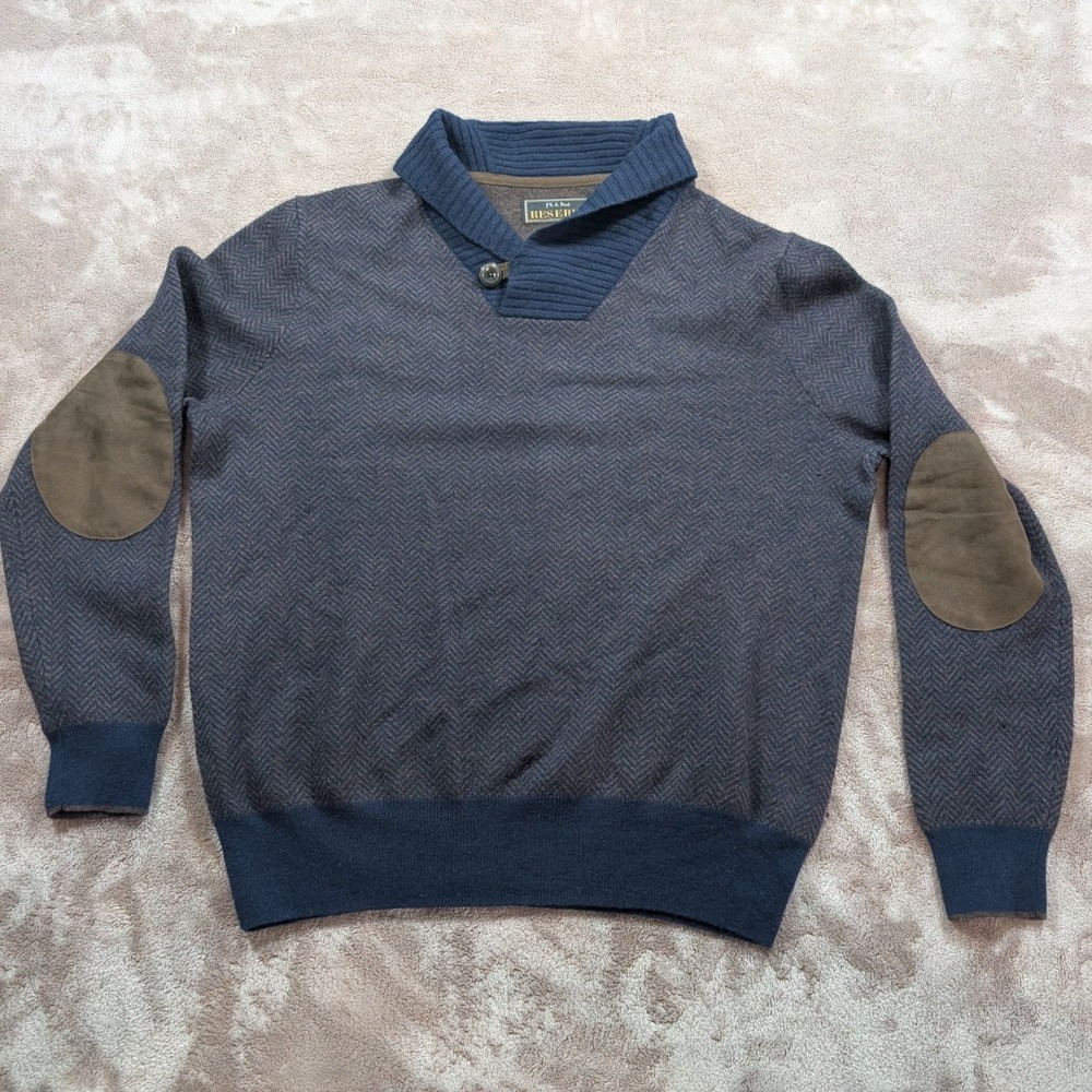 Jos A Bank Reserve Mens Medium Blue Brown Herringbone Wool Sweater Elbow Patches